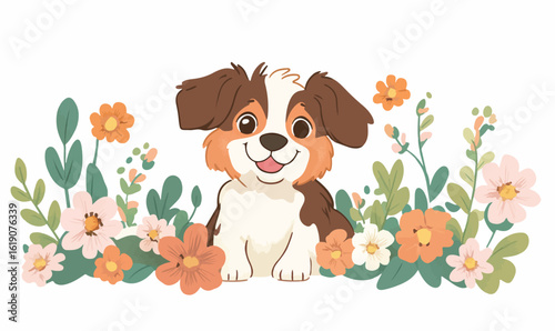 Adorable cartoon puppy smiles joyfully amidst a vibrant spring garden filled with colorful blossoms