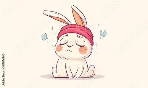Sad cartoon bunny with a pink headband looking exhausted and overwhelmed, isolated on a pale background.
