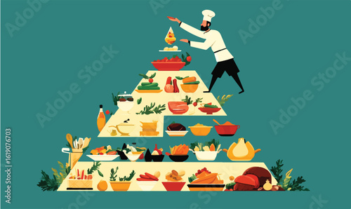 Skilled chef artfully arranging vibrant fresh ingredients in a delicious food pyramid display