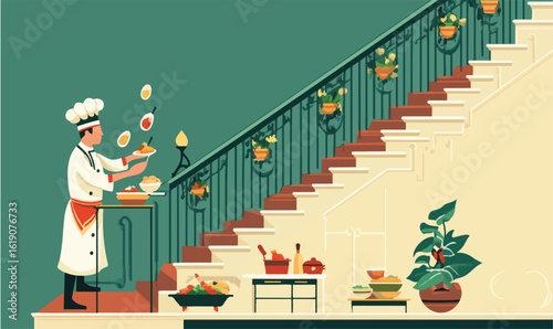 Skilled chef artfully presents gourmet dishes on elegant staircase landing, culinary excellence