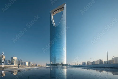 Kingdom Tower sunrise reflection, Riyadh, Saudi Arabia.  Travel brochure