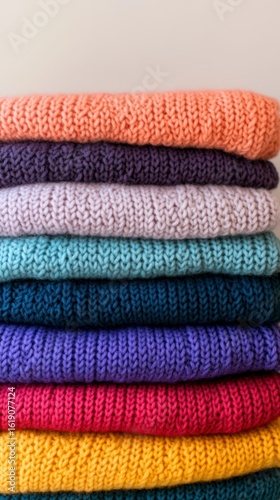 Stack of folded crochet sweaters in gradient hues on minimal color wall  