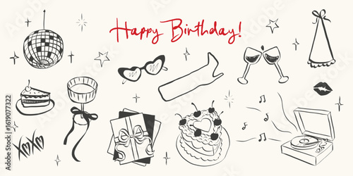 Birthday party set in hand drawn coquette style. Whimsical chalk doodles for girls bachelorette. Crayon drawing for menus and invitations. Doodle vector illustration