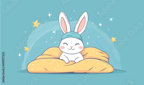 Adorable sleepy bunny in cozy bed with stars, perfect for sweet dreams and bedtime stories
