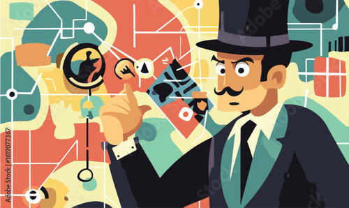 Intelligent detective analyzes complex clues with magnifying glass in vibrant retro style