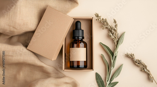 Aromatic essence: bottle with dropper inside a box on a neutral backdrop with dried botanical accents