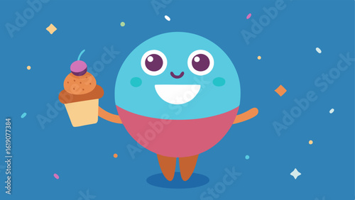 A character with an adorable round face grinning widely with enormous eyes gleaming with excitement. They are holding a large ice cream cone with multiple colorful scoops and their