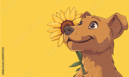 Joyful cartoon dog with sunflower brings happiness and cheer to any project.