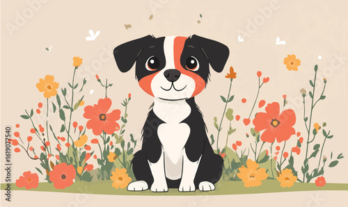 Adorable cartoon puppy sits happily amidst a vibrant garden filled with colorful flowers and green foliage