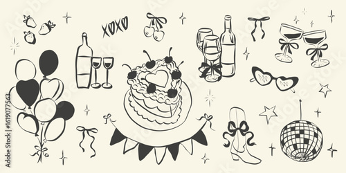 Birthday party set in hand drawn coquette style. Whimsical chalk doodles for girls bachelorette. Crayon drawing for menus and invitations. Doodle vector illustration