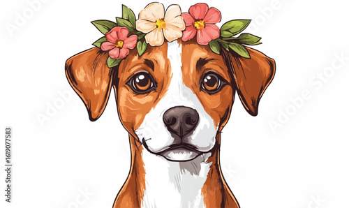 Charming dog wearing a vibrant floral crown, radiating pure joy and natural beauty
