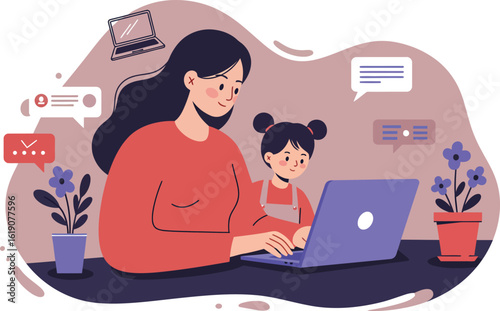 Woman and daughter working together on laptop at home with digital communication icons around in warm tones 