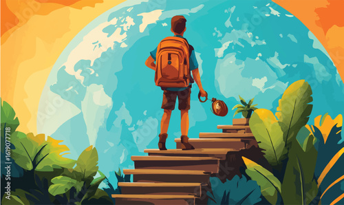 Young explorer ascends stairs toward vibrant Earth, ready for global adventure and discovery