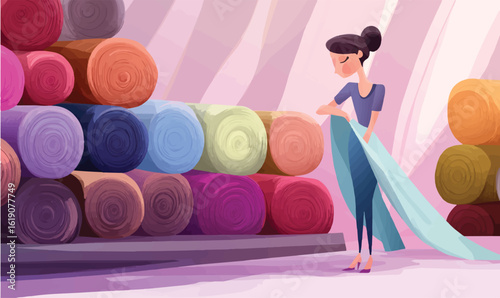 Creative designer selecting vibrant fabric rolls for fashion inspiration in a stylish studio setting
