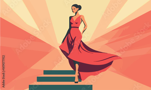 Elegant woman in flowing red gown ascends illuminated stairs, exuding confidence and style