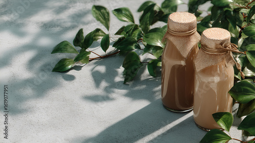 Two glass bottles hold light and dark beverages, adorned with burlap and surrounded by lush greenery.