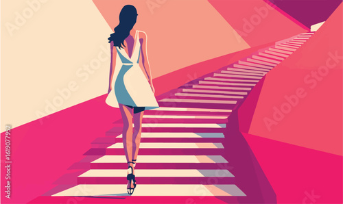 Elegant woman ascends vibrant pink stairs towards bright future, symbolizing success and ambition