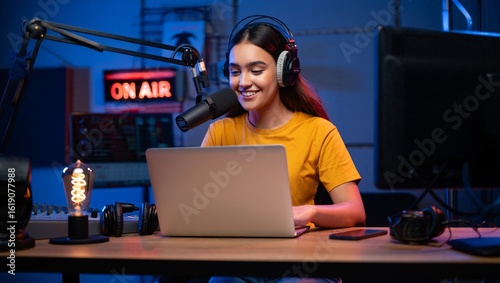 Woman podcasting live streaming online radio show using microphone and laptop at studio