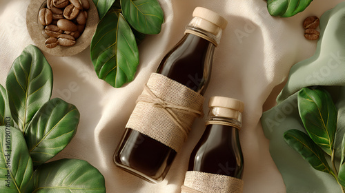 Bottled Brew: Coffee in glass bottles, burlap wraps, & natural elements.