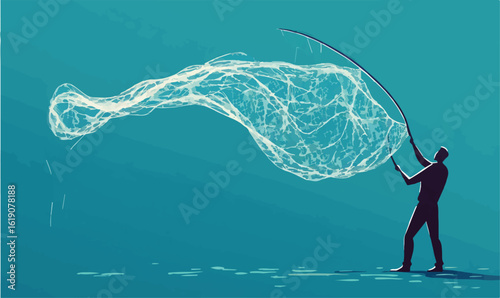Man fishing for abstract concept, surreal pursuit of ideas or inspiration in open water