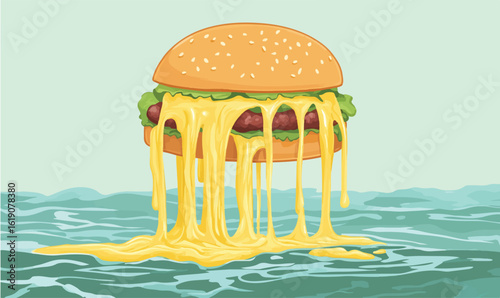 Decadent cheeseburger overflows with melted cheese, creating a delicious, indulgent visual feast for food lovers.