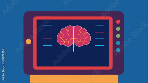 Device Interface A closeup vector graphic of a digital display screen showing various brainwave patterns and performance metrics with a hand gesturing towards it.