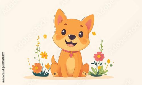 Adorable cartoon puppy sitting happily amidst colorful flowers, bringing joy and warmth to any design project.