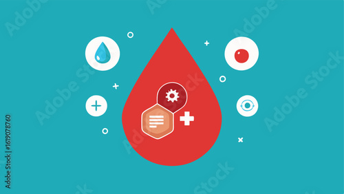 Blood Sample A stylized drop with icons representing different biomarkers such as glucose cholesterol and hormones surrounding it.