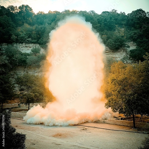 Large Outdoor Explosion in Park Setting with Orange Smoke Cloud Controlled Explosion Demonstration on Concrete Path Between Trees Explosive Blast Effect in Natural Landscape Environment