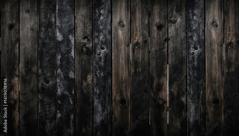 Naklejka premium Dark, charred wood planks exhibit vertical lines and rough, weathered texture. Distressed wooden surface features grunge, aged, and rustic appearance with natural grain details and uneven shadows.