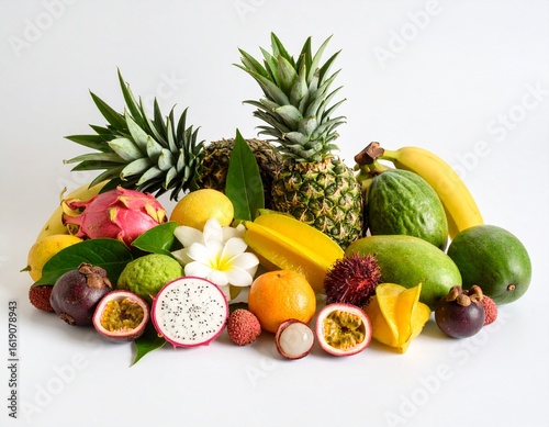 An exotic fruit display featuring pineapple, bananas, dragon fruit, rambutan, mango, starfruit, and mangosteen