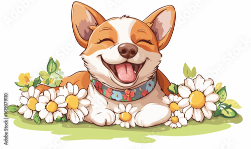 Joyful corgi puppy surrounded by daisies radiating happiness in a vibrant spring meadow