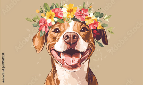 Joyful pitbull dog wearing a vibrant floral crown brings happiness and warmth to any design project