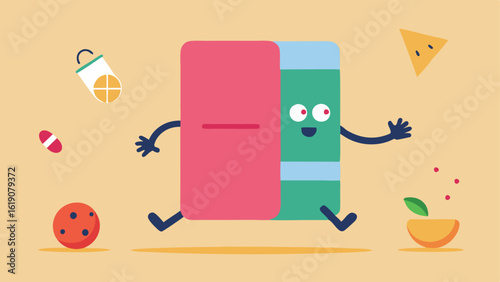 The running refrigerator has determined eyes and cartoonish arms flailing as it sprints. As it races down a winding path colorful items like a watermelon eggs and a bottle of