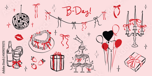 Birthday party set in hand drawn coquette style. Whimsical chalk doodles for girls bachelorette. Crayon drawing for menus and invitations. Doodle scribble vector illustration