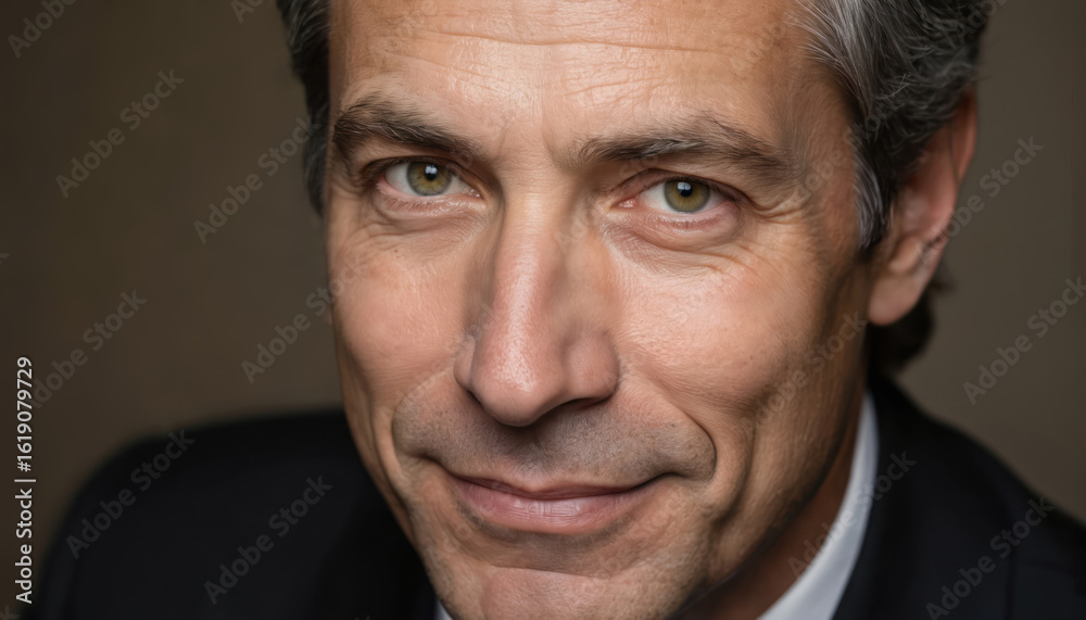 Fototapeta premium Mature man with warm smile, grey hair, distinguished wrinkles. Confident, friendly expression in sharp studio portrait suggests leadership, success. Headshot conveys approachability, trustworthiness