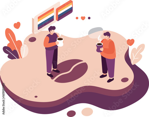 Coffee lovers enjoying hot drinks on giant coffee bean vector illustration in warm tones 