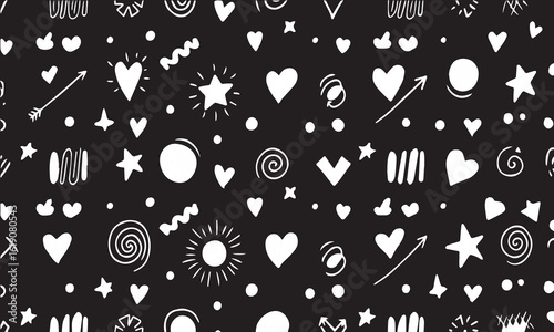 Black background with large flat icons in doodle style, great for standout packaging and bold modern visuals