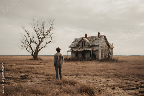 Home Return. Young man stand at the corner of a ravaged house, looking far away for someone. A ghost, desolated house with a dry land and tree.