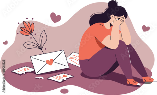 Woman feeling sad and heartbroken with love letters and flower illustration in muted pink and purple tones 