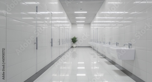 Modern Public Restroom Interior Design with White Tiles Sinks and Stalls for Commercial Space