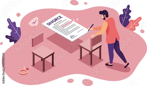 Person preparing divorce agreement document on table in modern pink office illustration 