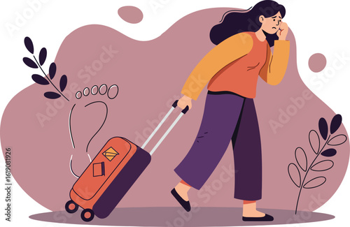 Woman walking with rolling suitcase casual travel lifestyle vector illustration in muted colors 