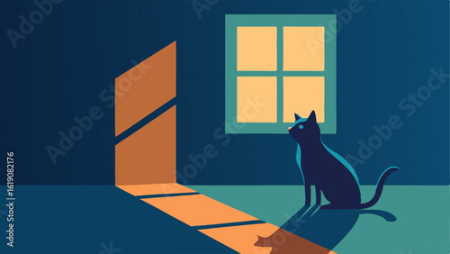 Cat and Window A cozy indoor scene with a stylized window casting intricate shadows of a playful cat on the floor. The cat depicted in simple shapes stretches and playfully
