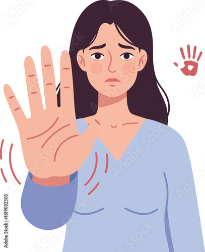 Woman showing stop hand gesture with palm facing forward expressing refusal and caution vector illustration 