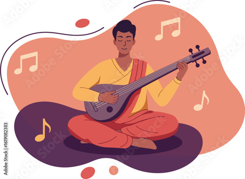 Man playing traditional stringed musical instrument sitting cross-legged with musical notes vector illustration 