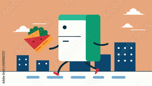 With exaggerated speed lines behind it the refrigerator with legs is depicted midsprint. As it races down a city sidewalk groceries are shown in midair including a cheese block