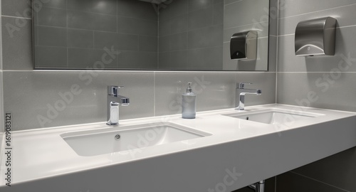 Modern Public Restroom Interior with Dual Sinks Chrome Faucets and Automatic Hand Dryers