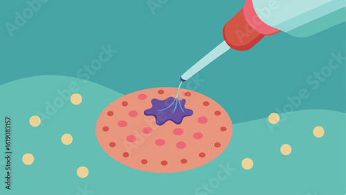 Exosome Application A closeup of exosomes being applied directly onto the microneedled skin showing tiny particles to represent the exosomes.