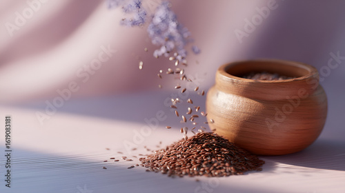 Flax seeds pouring into a pile, presented in front of an artisan wooden bowl and soft pink background.